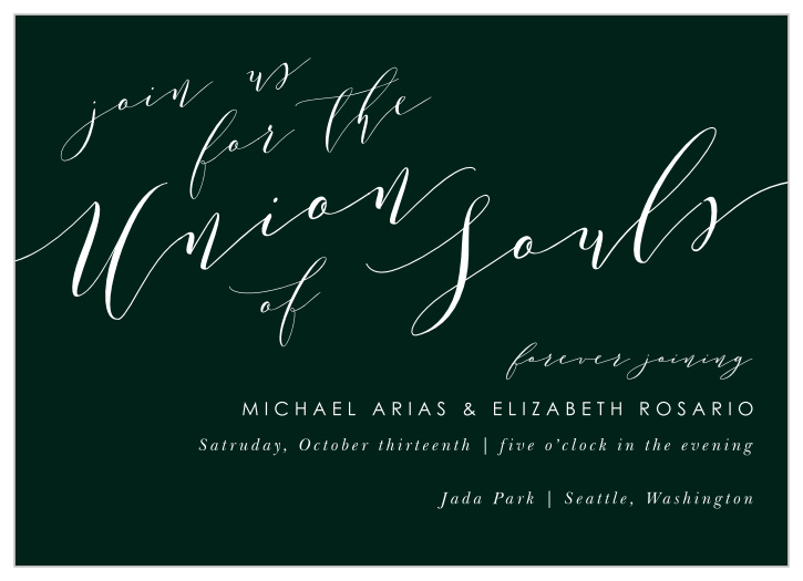 If you've been searching for a clean and classic looking design for your wedding invites, look no further than our Union of Souls Wedding Invitations. 