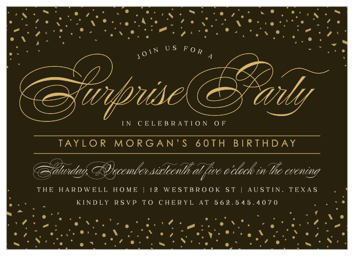 Milestone birthdays are the perfect time for a surprise party, so get your guests on board with our Formal Surprise Milestone Birthday Party Invitations! 
