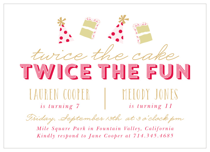 Kick off your joint birthday party in style with our Twice the Fun Children's Birthday Party Invitations!