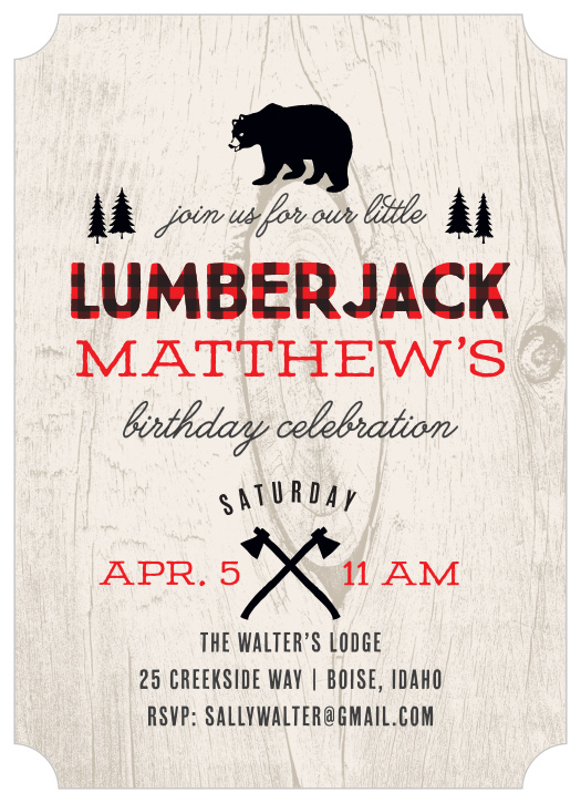 Grab your flannel and get ready to celebrate with our Lumberjack Children's Birthday Party Invitations! 