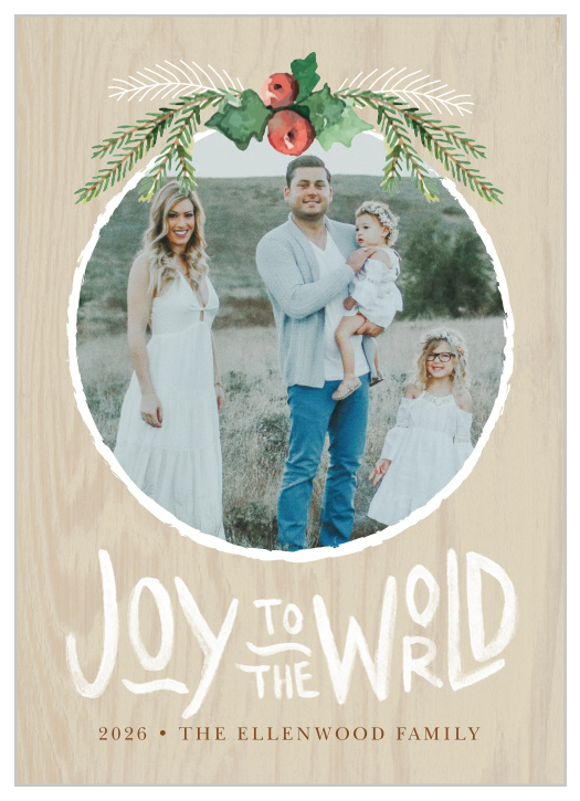 Our Rustic Holly Christmas Cards feature a background stylized to look like a light-colored wood. 