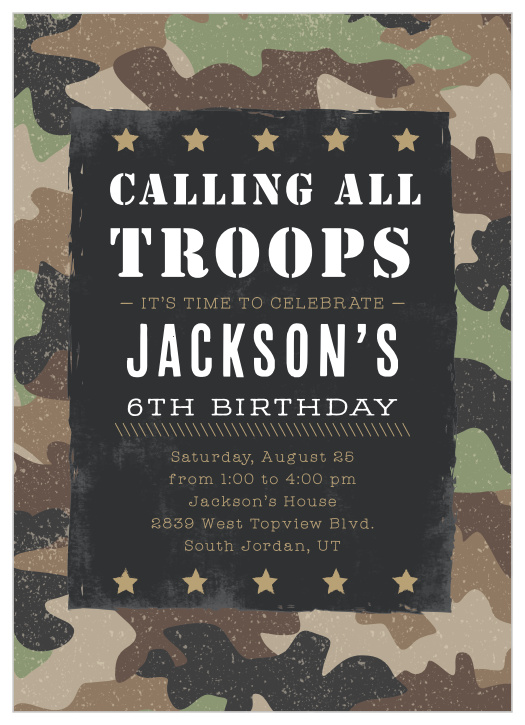Your little one's big party details hide in plain sight on our Camo Party Children's Birthday Party Invitations. Bold, military-style words spell out each and every delightful part of the day, a combination of white and tan text against the stormy-gray center. With a final background note of classic camouflage, these cards perfectly capture the theme of your child's party.