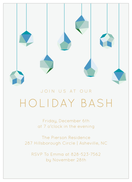 Throw the winter celebration of the year with the sparkling ornamentation of our Noel Ornaments Holiday Party Invitations. Artfully designed crystals appear to shimmer as they hang from the top of the card, stretching down to the shining gold-foil that shares your party's every important detail. With a background of off-white ecru, every delicate piece of lettering is sure to stand out sharply to your guests.