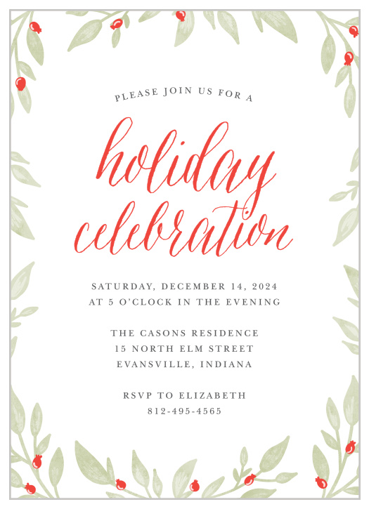 Bright, beautiful, and warm, our Leaves & Berries Holiday Party Invitations are a perfect fit for your celebration this holiday season. 