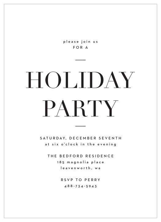 Keep your holiday party invites clean and elegant with our Editorial Photo Holiday Party Invitations. 