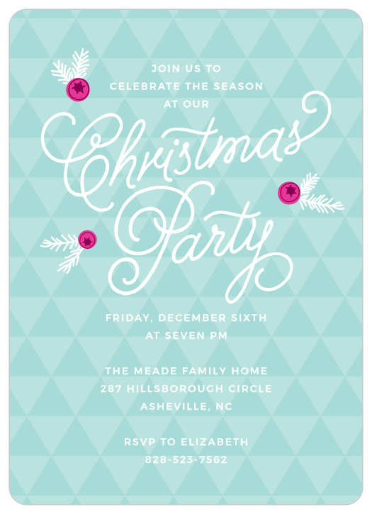 In a lovely combination of classic elements and modern design, our Bright Triangles Christmas Party Invitations guarantee that your Christmas party is the unforgettable event of the year. Smooth calligraphy swirls through the center of the page, dotted by the vibrant purple of winter berries. The background, carefully designed so as to appear textured, features a stunning collection of blue shades that complement every word of your white text perfectly.