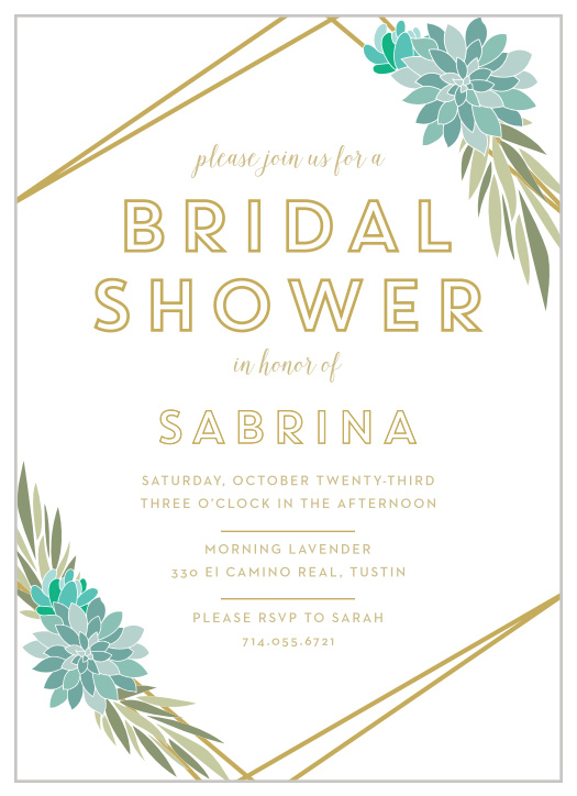 In the style of a 1920s champagne party, invite all of your most cherished friends and family to your bridal shower with our Modern Succulents Bridal Shower Invitations.  