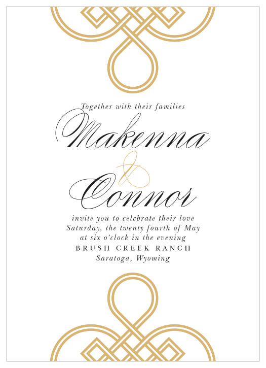 Invite your dearest friends and family with the endlessly elegant design of our Irish Knot Wedding Invitations. Gold-foil forms the top and bottom border of the card, tying itself into the beginnings of intricate, traditional Celtic knots. Swirling calligraphy spells out your names in the center of each page, flanked below by the details your guests need to enjoy the day with you.
