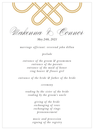 Even as you take each step down the wedding aisle, you can be sure that your guests are following along with our Irish Knot Wedding Programs. Gold-foil adorns the page in the form of swirling intricacies and Celtic symbols, an eye-catching beginning to each moment and member presented on your programs.