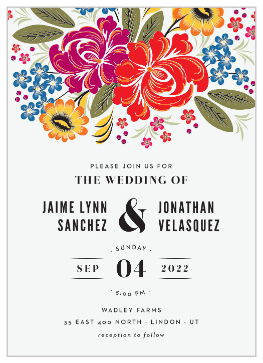 Showcase your own blooming love with the springtime flowers of our Spanish Florals Wedding Invitations. Bright, colorful designs fill the top of each and every card, the array of vibrant hues serving as an immediate eye-catcher for its recipient. Spell out every important detail of your wedding day with bold lettering, its black coloration a sharp contrast to the off-white of the ecru background and an easy way to guarantee that your guests have the information they need.