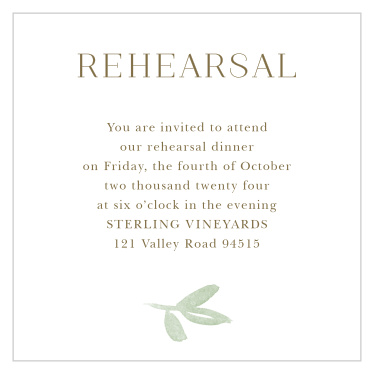 Gather together the people you cherish most with the minimalistic style of our Fairytale Leaves Rehearsal Cards. Old-gold type spells out every detail of your dinner, standing out sharply against the white background. With a single leafy sprig to underline every word, these lovely cards are a fantastic addition to your preparations.