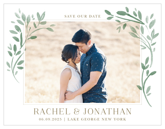 Give your guests the advance notice they need with the botanical illustrations of our Fairytale Leaves Save-the-Date Magnets. A delightful duo of vines extend along the left- and right-hand sides of the frame, adding a flash of green around your favorite photo. With the primary details of your wedding day below in a classic old-gold print, you can be sure that you'll spend your big day surrounded by the people you adore most. 