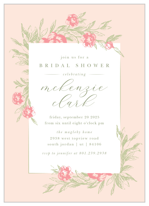 Our Peony Frame Bridal Shower Invitations are delicate and beautiful.