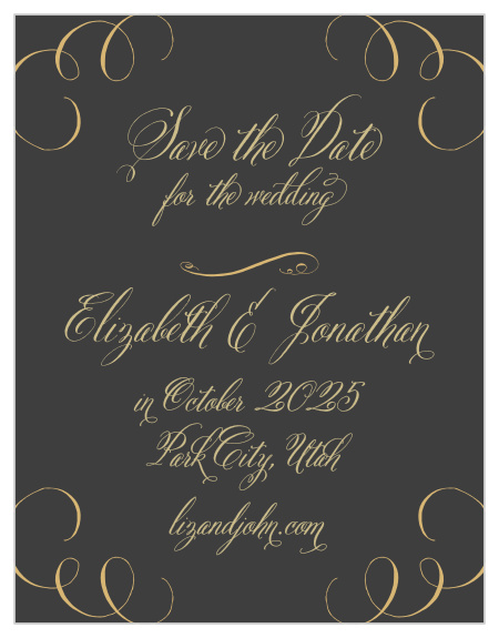 Gold, vintage calligraphy contrasts against a stormy gray background to create our Gothic Script Save-the-Date Cards.