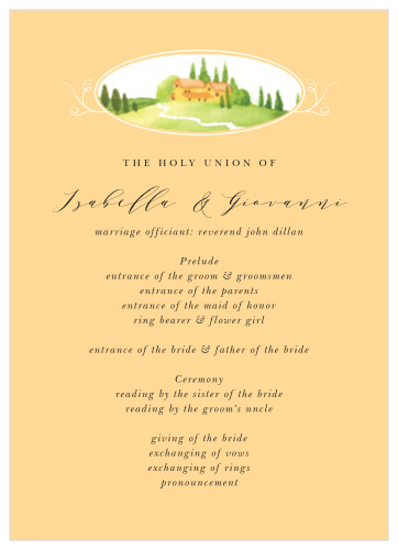 An ornately framed view of a countryside vineyard heads the Tuscany Vineyard Wedding Programs. 