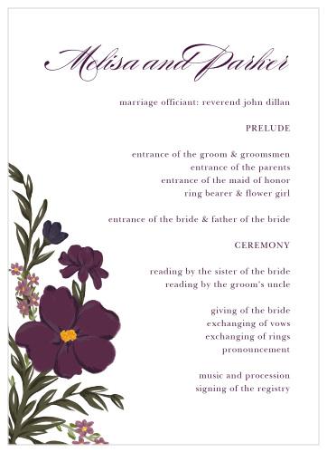 The Blooming Frame Wedding Programs features a gorgeous arrangement of purple flowers on the left side of the card that is so intricately-done that they almost appear to be painted on by hand! 