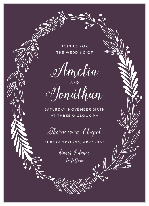 A beautiful wreath surrounds your names and the details of your wedding day on our Wreath of Love Wedding Invitations. 