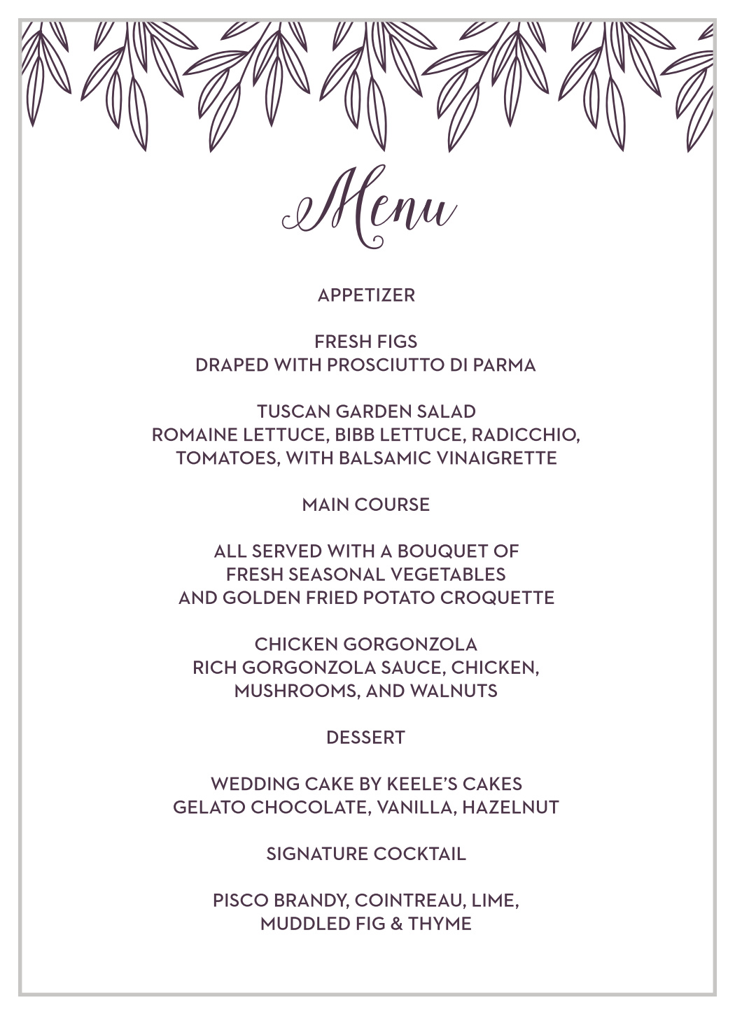Wreath of Love Wedding Menus