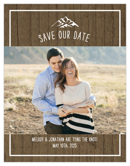 Ensure that your friends and family mark their calendars well in advance with the all-natural styling of our Rustic Union Save-the-Date Magnets. Your favorite photo stands in the very center of each magnet, surrounded by the textured appearance of dark woodgrain. With each of your wedding details written in a neat, bright-white typography below the simple illustration of a mountain-top, you can be sure that these magnets look lovely hanging on the fridge of your loved ones.