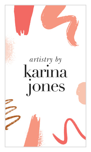 Swatches of lipstick, liners, and shadows frame your name and profession on our Makeup Swatches Business Cards.