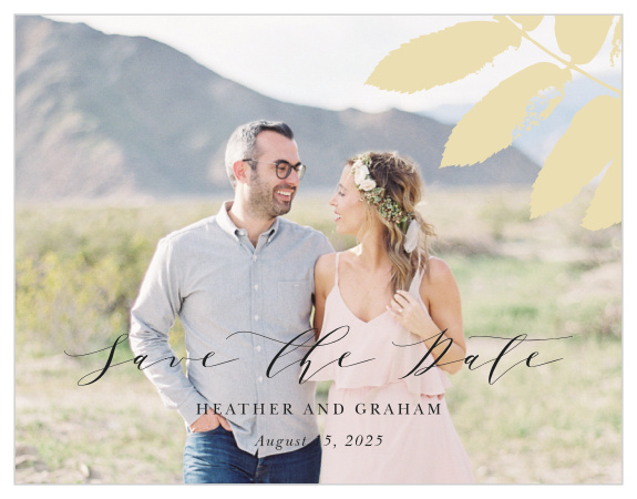 A beautiful photo of you as a couple comprises the background of our Gilded Leaf Save-the-Date Cards! 