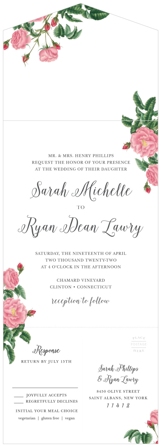 Invite guests to your romantic wedding with the Budding Blooms Seal and Send Wedding Invitations from the Crafty Pie Collection at Basic Invite.