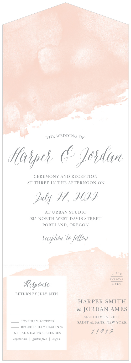 Color splashes at the top and bottom of the Dip Dye Seal & Send Wedding Invitations give them a soft, ethereal appeal. 
