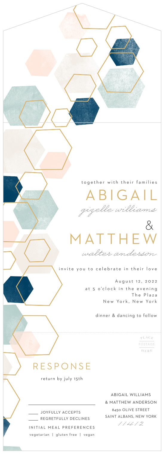 A geometric pattern in pink and blue hues with some gold hexagon outlines graces the left side of our Geometric Watercolor Seal & Send Wedding Invitations. 