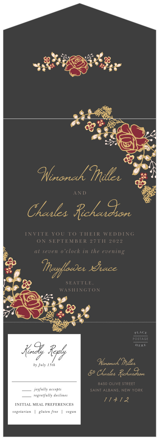 Vibrant rose arrangements decorate the edges of the Opulent Floweret Seal & Send Wedding Invitations.