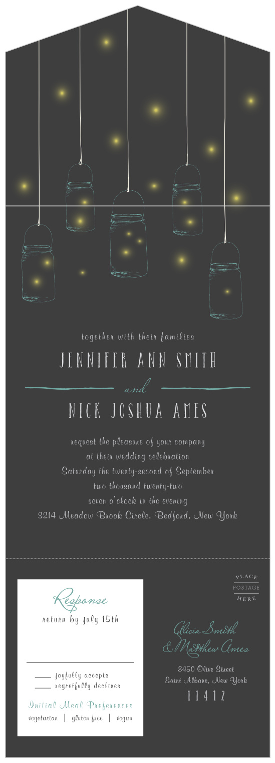 A stormy grey background sets the stage for gorgeous handing mason jars and fireflies with calligraphy to follow for our Mason Jars & Fireflies Seal & Send Wedding Invitations.