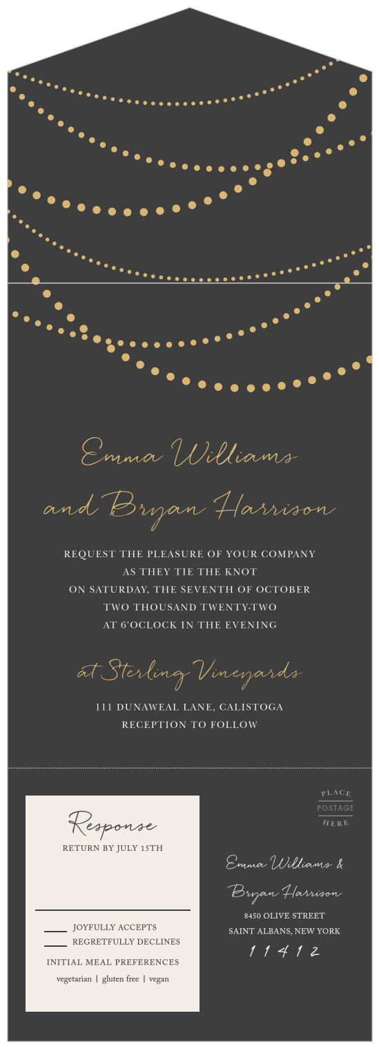 Our String Lights Seal & Send Wedding Invitations feature twinkling, gold-foiled string lights that are draped above your elegantly scripted wedding details.