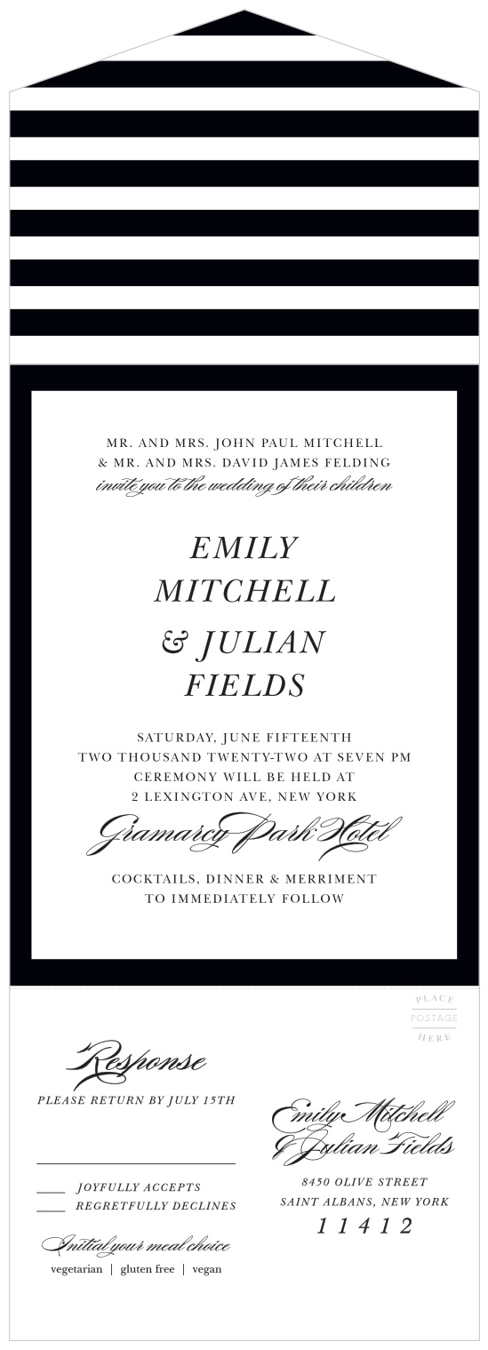 Our Classic Border Seal & Send Wedding Invitations are resplendent in a collection of bold borders, clean-cut prints, and a careful calligraphy.