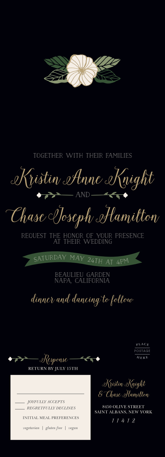The Garden Floral Seal & Sends Wedding Invitations are reminiscent of a romantic, moonlit garden. 