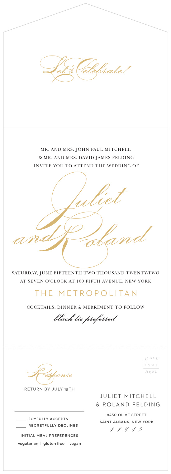 Our Classic Script Seal & Send Wedding Invitations are the perfectly elegant first glimpse of your upcoming wedding.