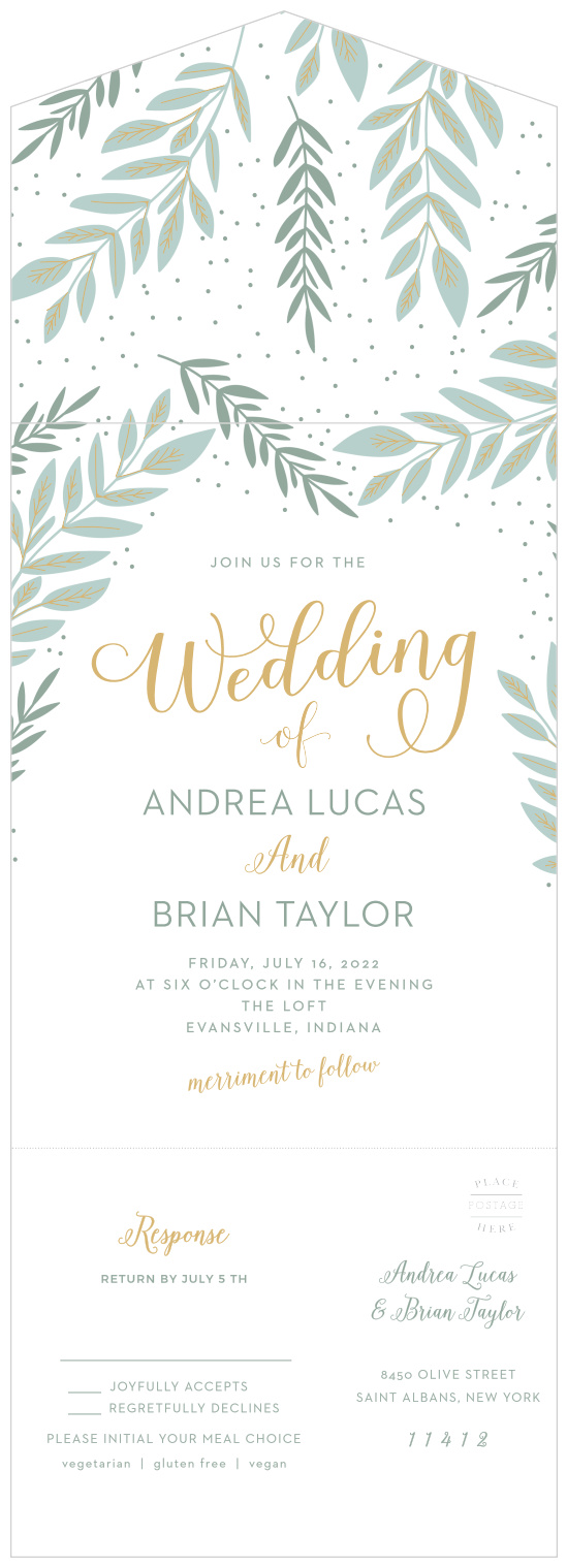 Our stunning Graceful Garden Seal & Send Wedding Invitations are crowned with laurels, growing in and around the swirling gold calligraphy of the card's title.
