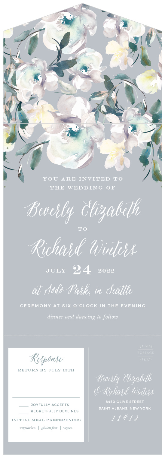 The Antique Blooms Seal & Send Wedding Invitations feature vintage, watercolored florals atop a moonstone background. 