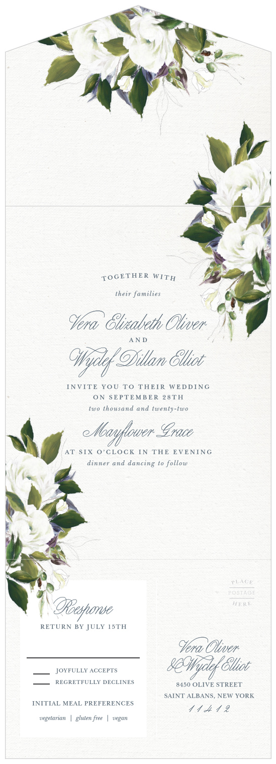 The Elegant Aristocrat Wedding Invitations are a vintage marvel, with a canvas background topped with painted blooms and elegant script. 