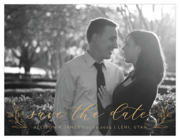 A beautiful photo of you as a couple comprises the background of our Redwood Forest Wedding Save-the-Date Magnets.  