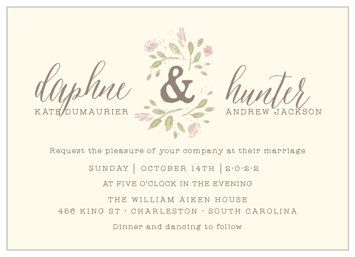 Guarantee that your guest list continually blooms with our naturally beautiful Wildflower Ampersand Wedding Invitations. Your names stand front and center on each card, swirling in elegant calligraphy and joined together by a bold ampersand, itself encircled by a sprinkling of mountain wildflowers. Below, in a bronze typography that's as easy to read as it is to love, your wedding day details stand out sharply against the rustic background to ensure that your guests have everything they need.