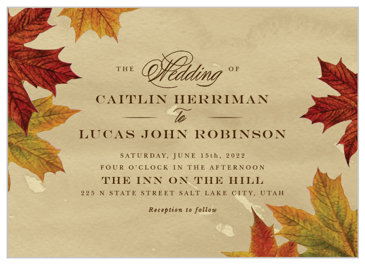 Your guests will be feeling the warmth of your love when they see the beautiful and vibrant fall colors on our Leaves of Fall Wedding Invitations.  
