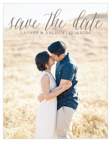 Wildflower Ampersand Save-the-Date Magnets are a lovely way to provide advance notice to your friends and family. Your title swirls across the top of the page, elegant old-bronze calligraphy against your favorite engagement photo. With your wedding day details spelled out in neat typography just below, these magnets are a simple yet stunning addition to the homes and hearts of your loved ones.