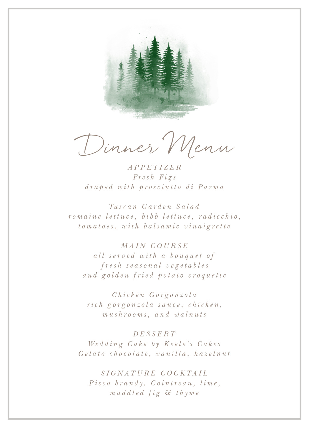 Watercolor Pines Wedding Menus