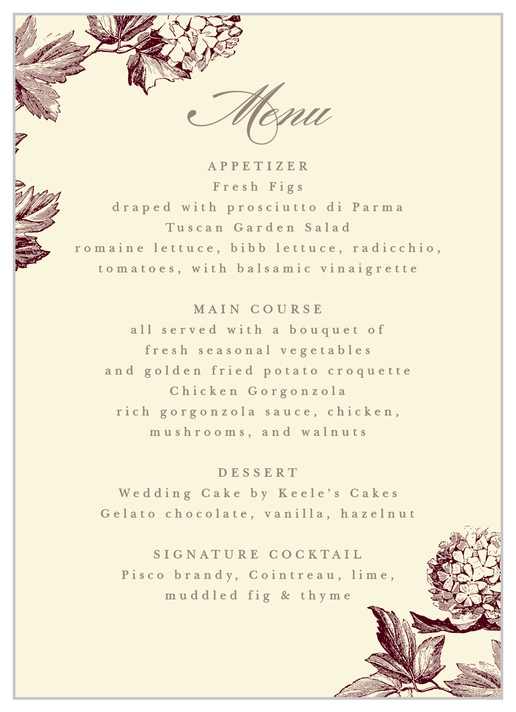 Hydrangea Frame Wedding Menus