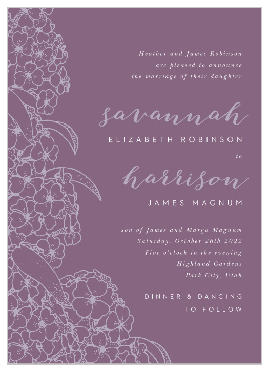 Beautiful purple flowers are intricately outlined on our Hydrangea Blossoms Wedding Invitations! 