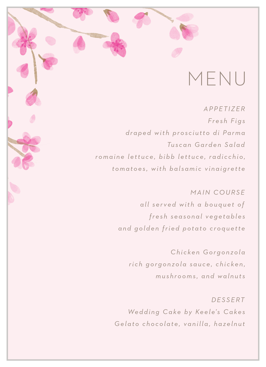 Cherry Branch Wedding Menus