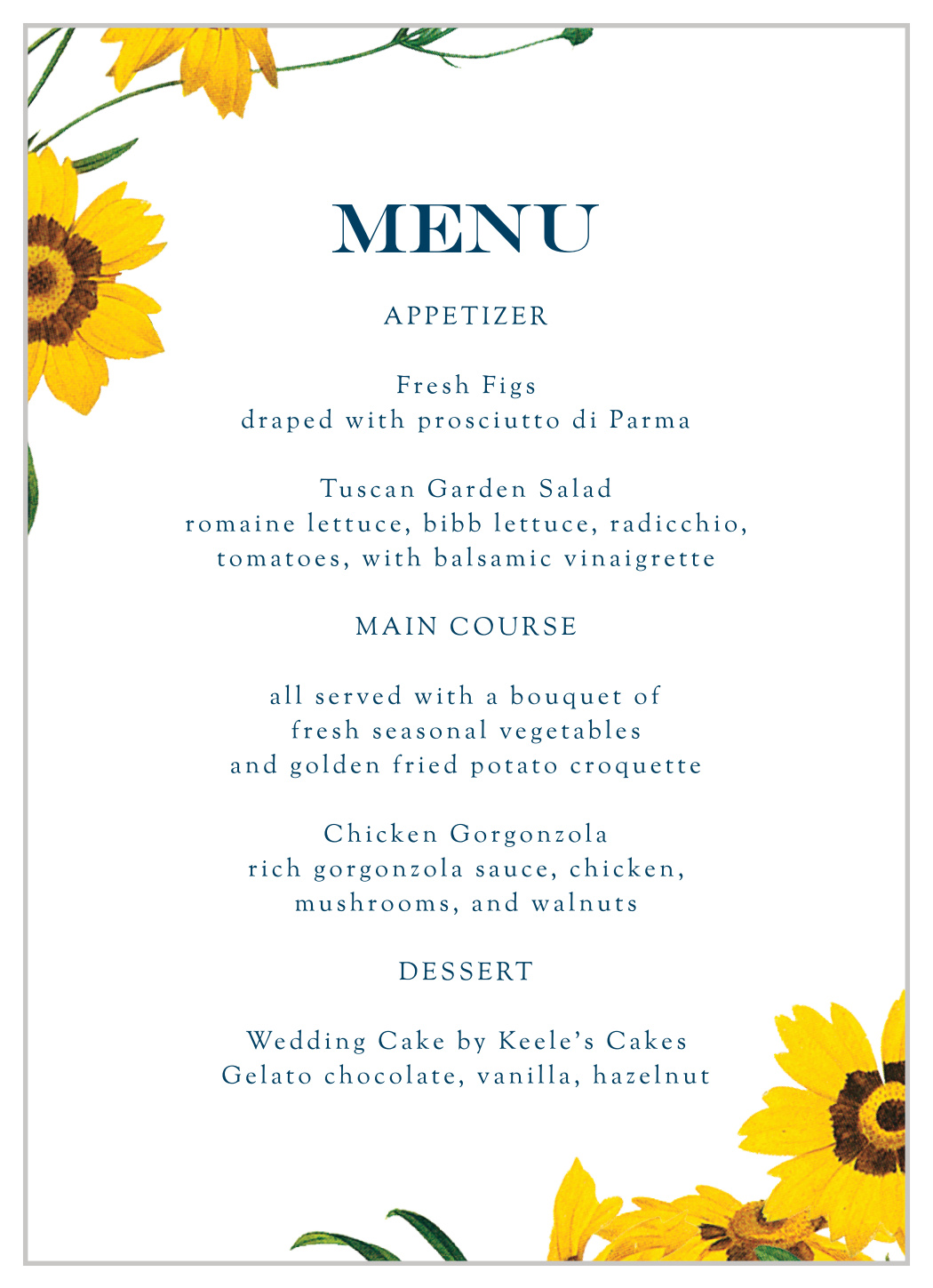 Framed Sunflowers Wedding Menus
