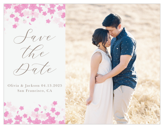 Your photo is beautifully displayed on the Cherry Blossoms Save-the-Date Magnets!