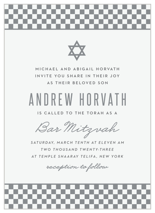 Bring your cherished family and friends together to celebrate one of the most important moments of your son's life with our Checkered Star Bar Mitzvah Invitations.