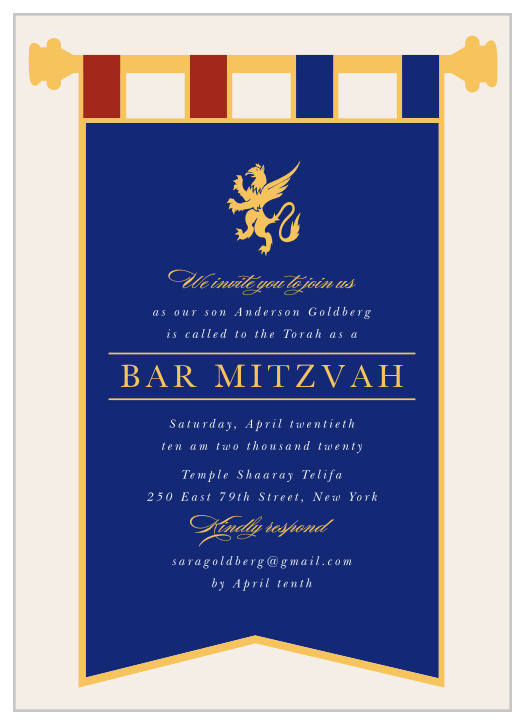 Every detail of your son's magnificent day is displayed for all to see on our vibrant Medieval Banner Bar Mitzvah Invitations. 
