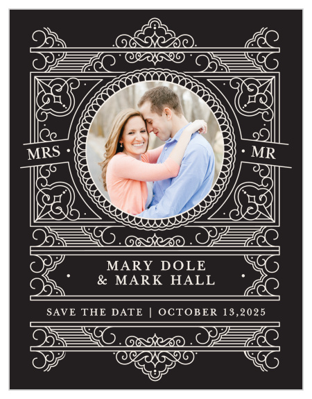 The greatly embellished Our Union Save-the-Date Magnets read like an ornately designed collectors edition of your highly anticipated romance story!